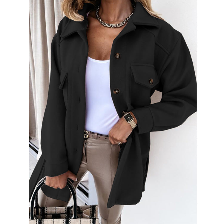 Solid-color Lapel Wool Coat With Button And Tie Details For Women