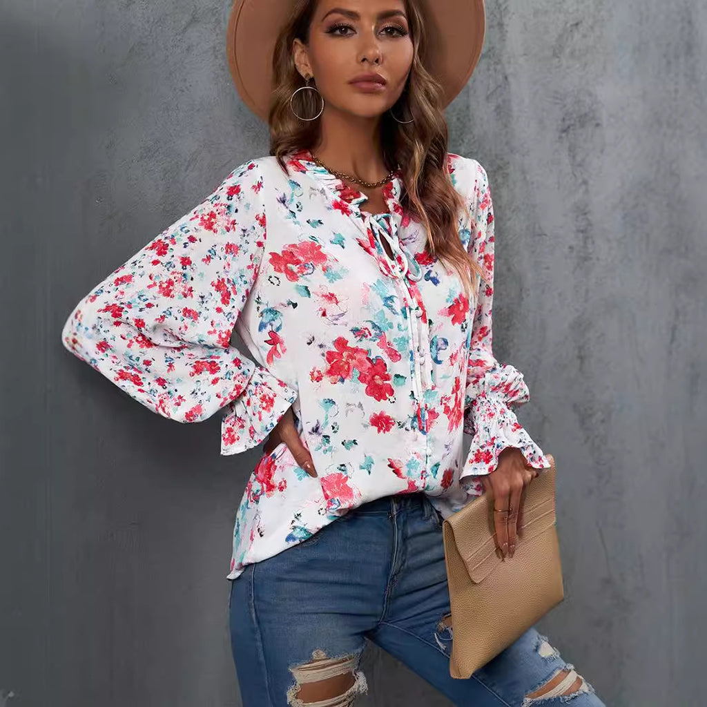 Shiying Autumn Lightweight Floral Chiffon Blouse With Long Sleeves