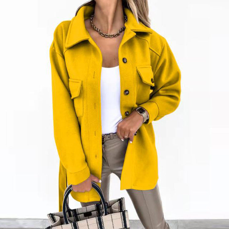 Solid-color Lapel Wool Coat With Button And Tie Details For Women