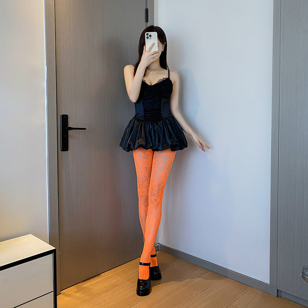 Wine-red Base Stockings Fishnet Socks With Floral Patterns Popular Online