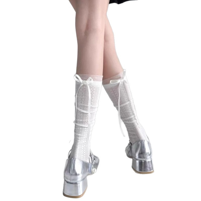 Ballet-style Hollowed-out Mid-calf Socks With A Bow-tie Ribbon