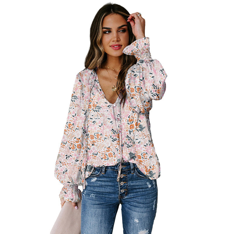 Shiying Autumn Lightweight Floral Chiffon Blouse With Long Sleeves