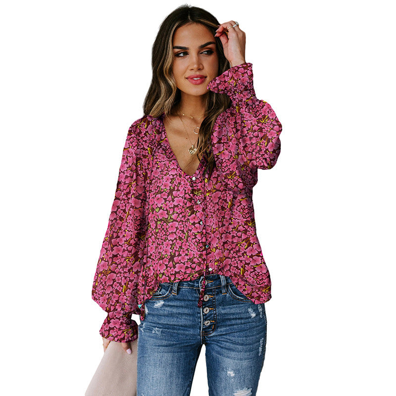 Shiying Autumn Lightweight Floral Chiffon Blouse With Long Sleeves