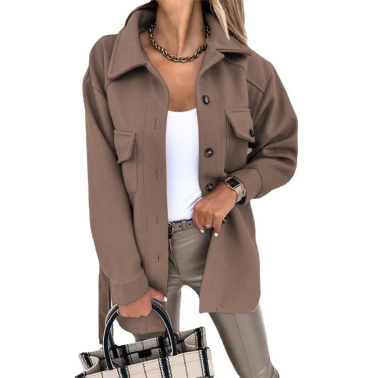 Solid-color Lapel Wool Coat With Button And Tie Details For Women