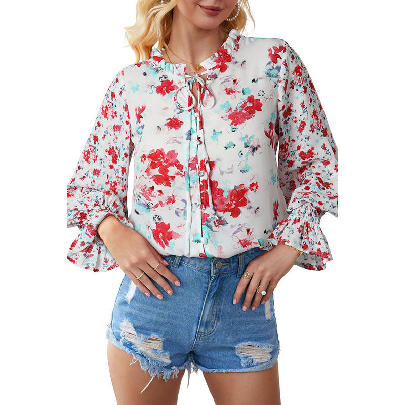 Shiying Autumn Lightweight Floral Chiffon Blouse With Long Sleeves