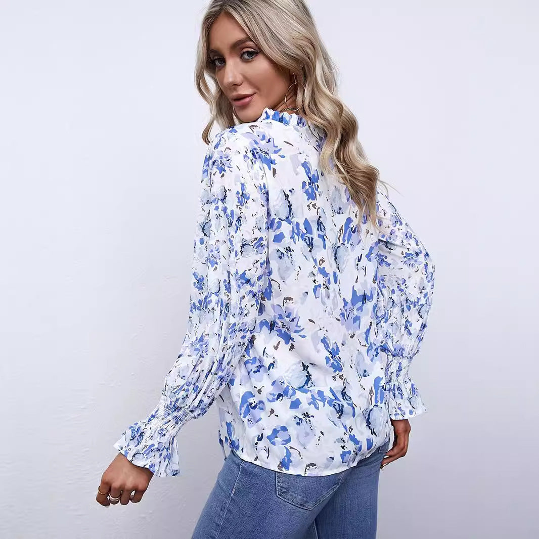 Shiying Autumn Lightweight Floral Chiffon Blouse With Long Sleeves