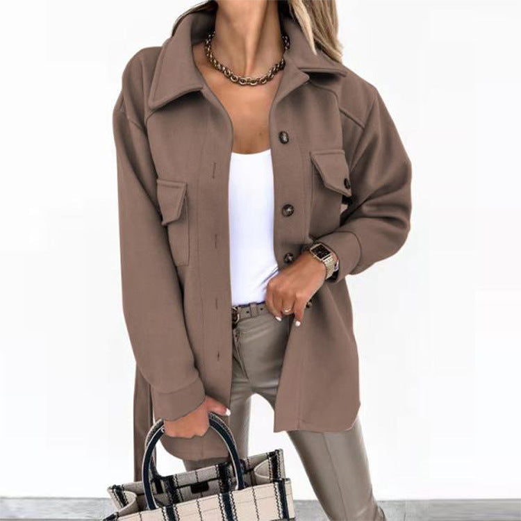 Solid-color Lapel Wool Coat With Button And Tie Details For Women