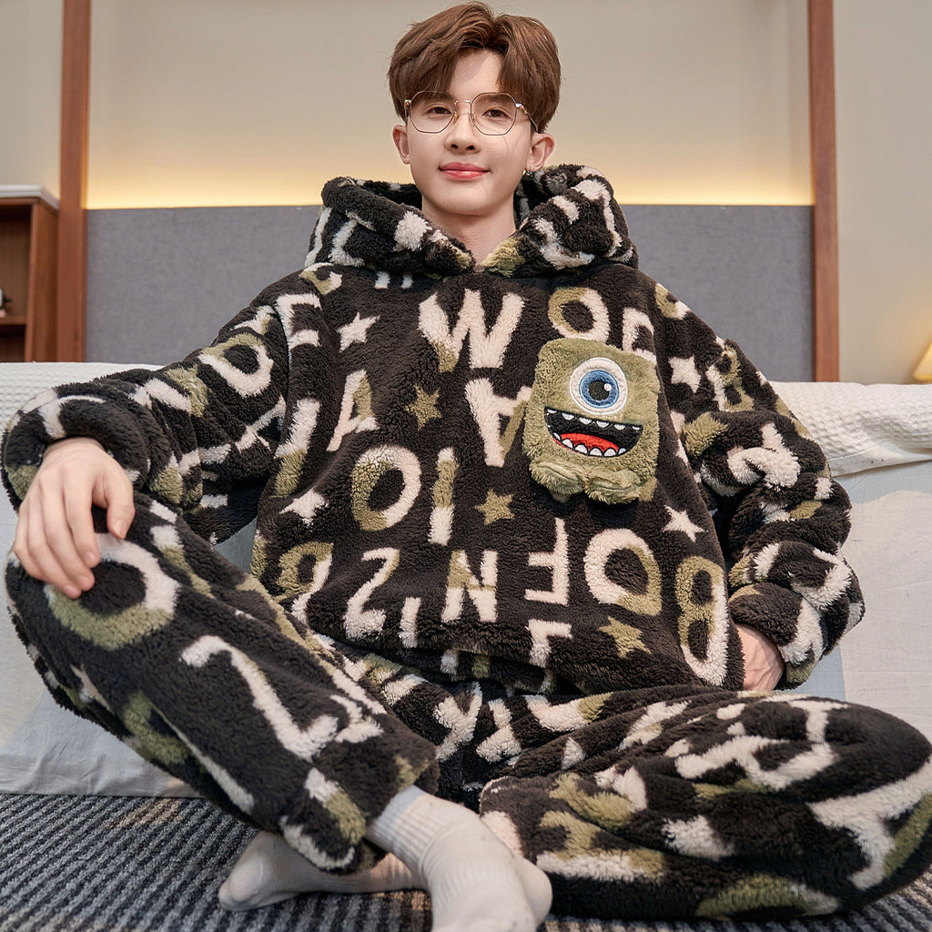 Mens Thickened Cartoon Plus-Size Pajama Set