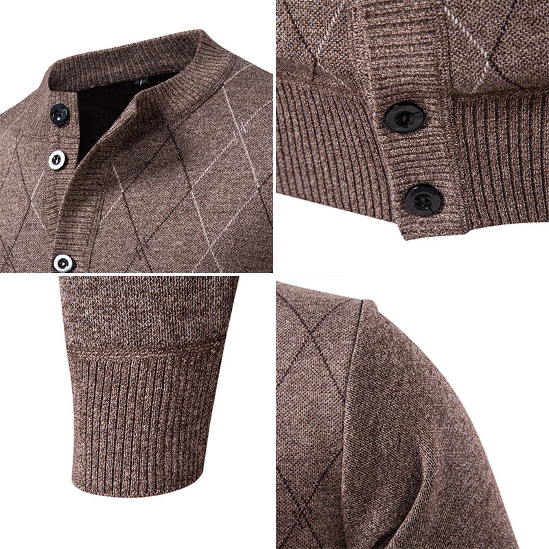 Fleece-lined Knit Sweater In Gray Wine Red Navy Blue And Camel