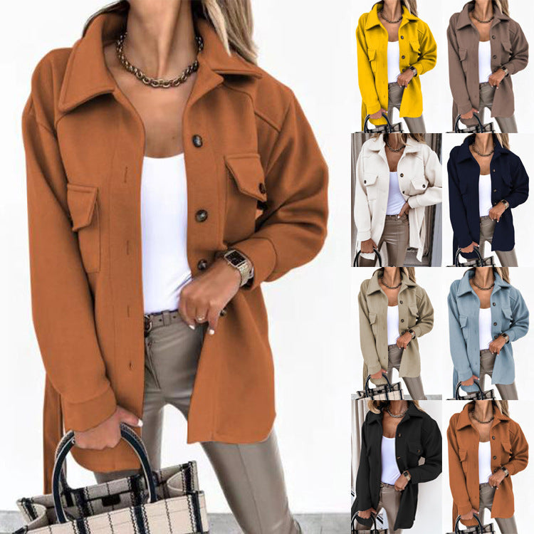 Solid-color Lapel Wool Coat With Button And Tie Details For Women