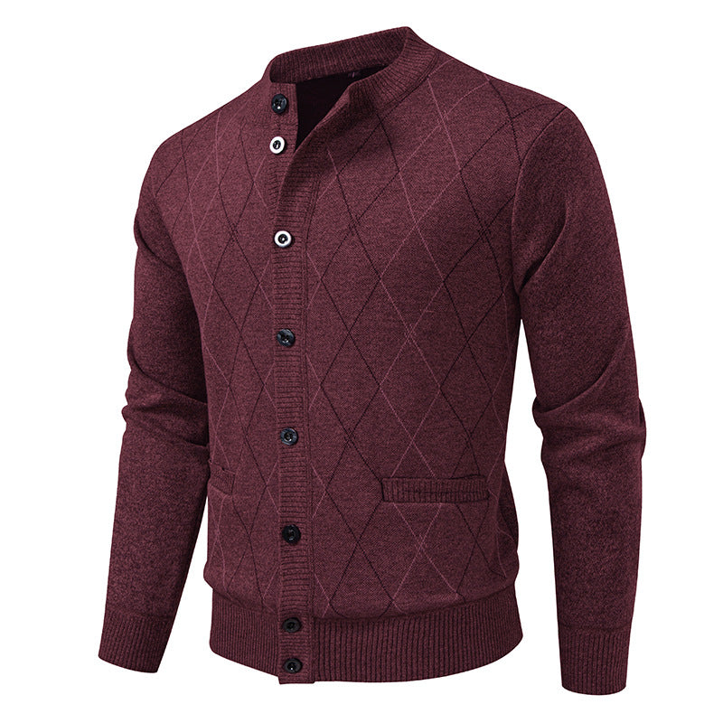 Fleece-lined Knit Sweater In Gray Wine Red Navy Blue And Camel