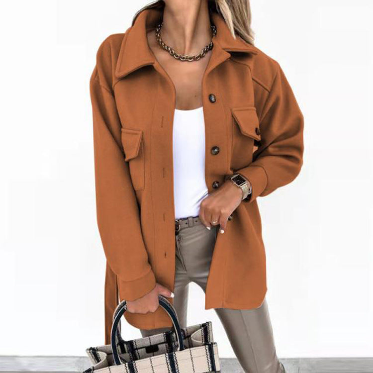 Solid-color Lapel Wool Coat With Button And Tie Details For Women