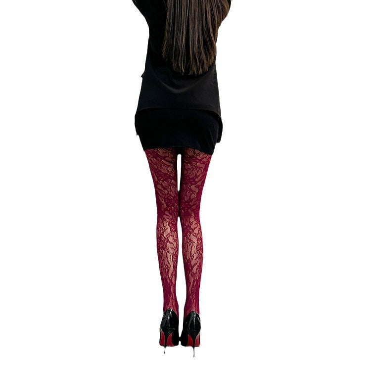 Wine-red Base Stockings Fishnet Socks With Floral Patterns Popular Online