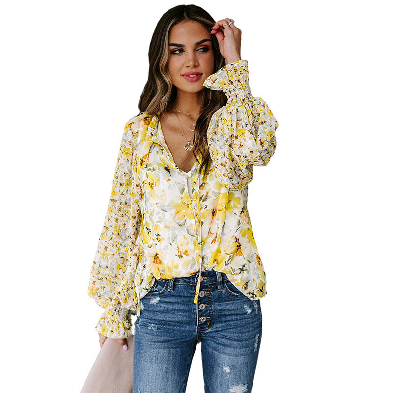 Shiying Autumn Lightweight Floral Chiffon Blouse With Long Sleeves