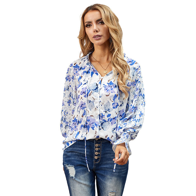 Shiying Autumn Lightweight Floral Chiffon Blouse With Long Sleeves