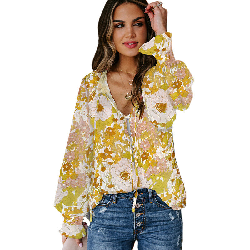 Shiying Autumn Lightweight Floral Chiffon Blouse With Long Sleeves