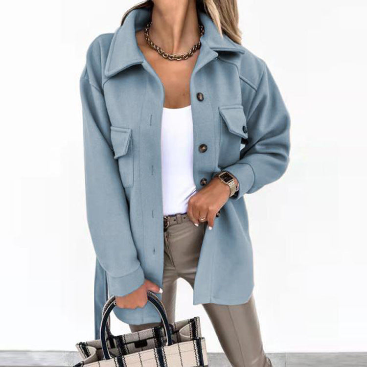 Solid-color Lapel Wool Coat With Button And Tie Details For Women