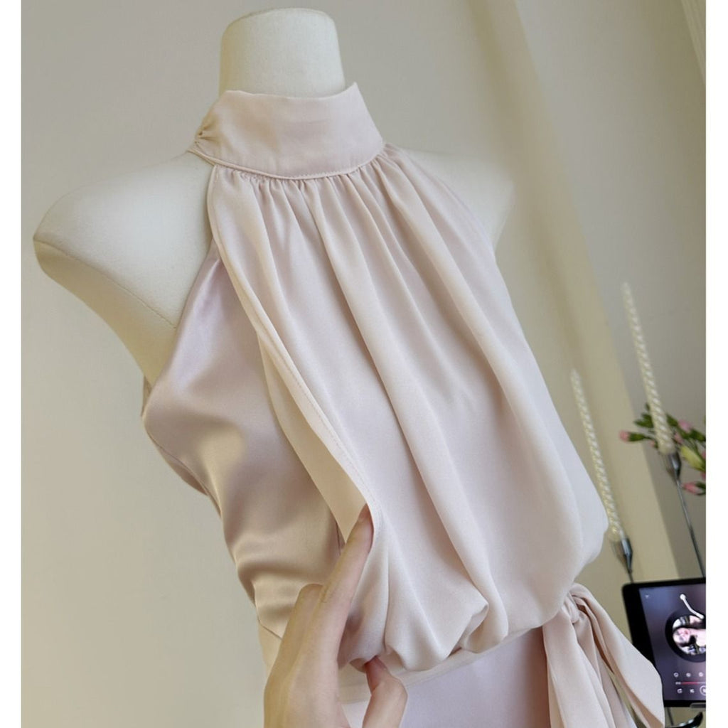 Fashion-forward Look Of A Smooth Satin Patchwork Workwear Halter Dress