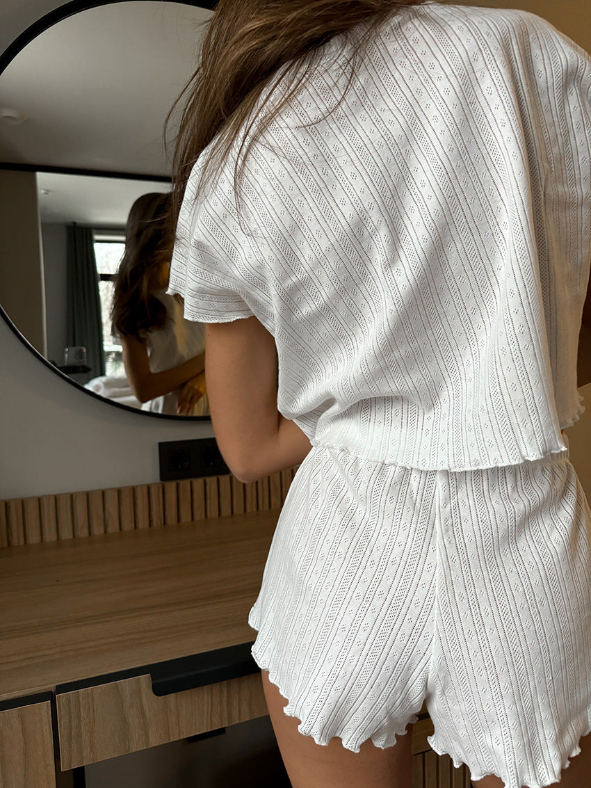 Womens Comfortable New Breathable Short-Sleeve Hollow-Out Jacquard Pajamas