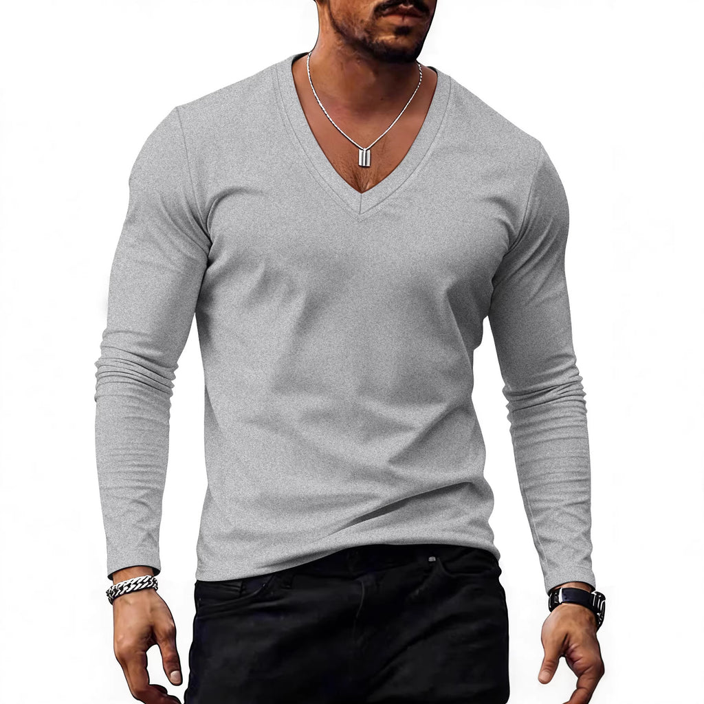 Mens Solid-Color Plus-Size Casual V-Neck T-Shirt