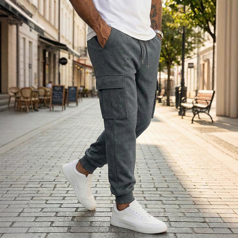 Mens Casual Workwear Pants With Multiple Pockets And A Drawstring