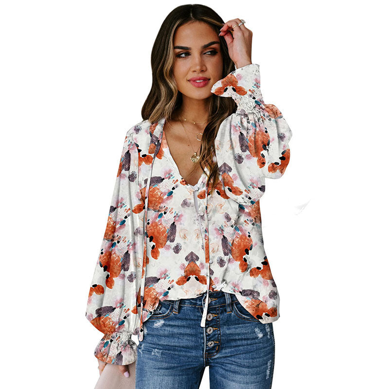 Shiying Autumn Lightweight Floral Chiffon Blouse With Long Sleeves