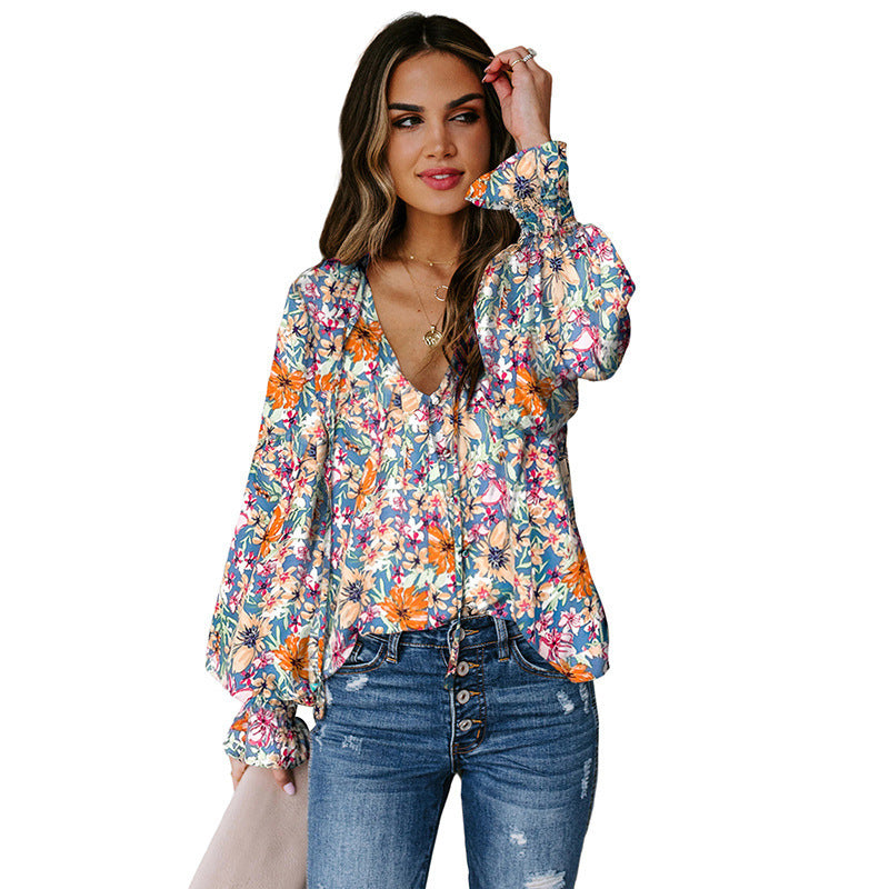 Shiying Autumn Lightweight Floral Chiffon Blouse With Long Sleeves