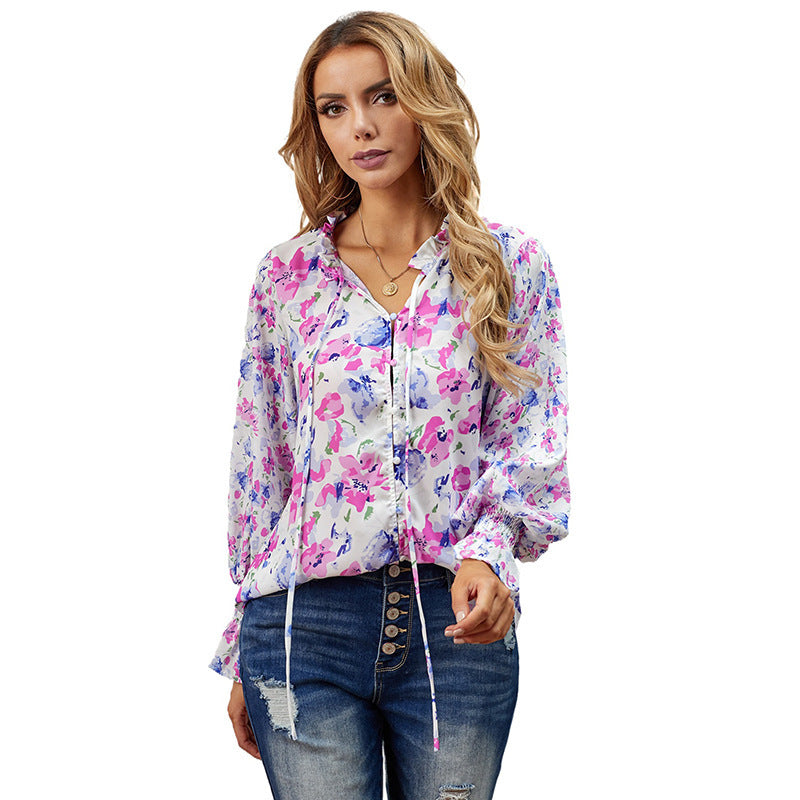 Shiying Autumn Lightweight Floral Chiffon Blouse With Long Sleeves