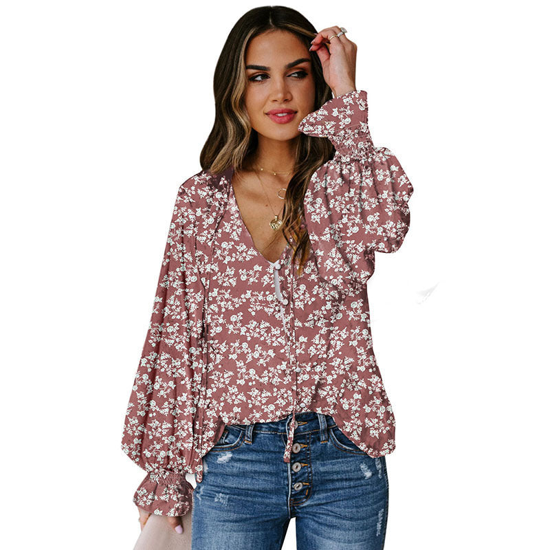 Shiying Autumn Lightweight Floral Chiffon Blouse With Long Sleeves