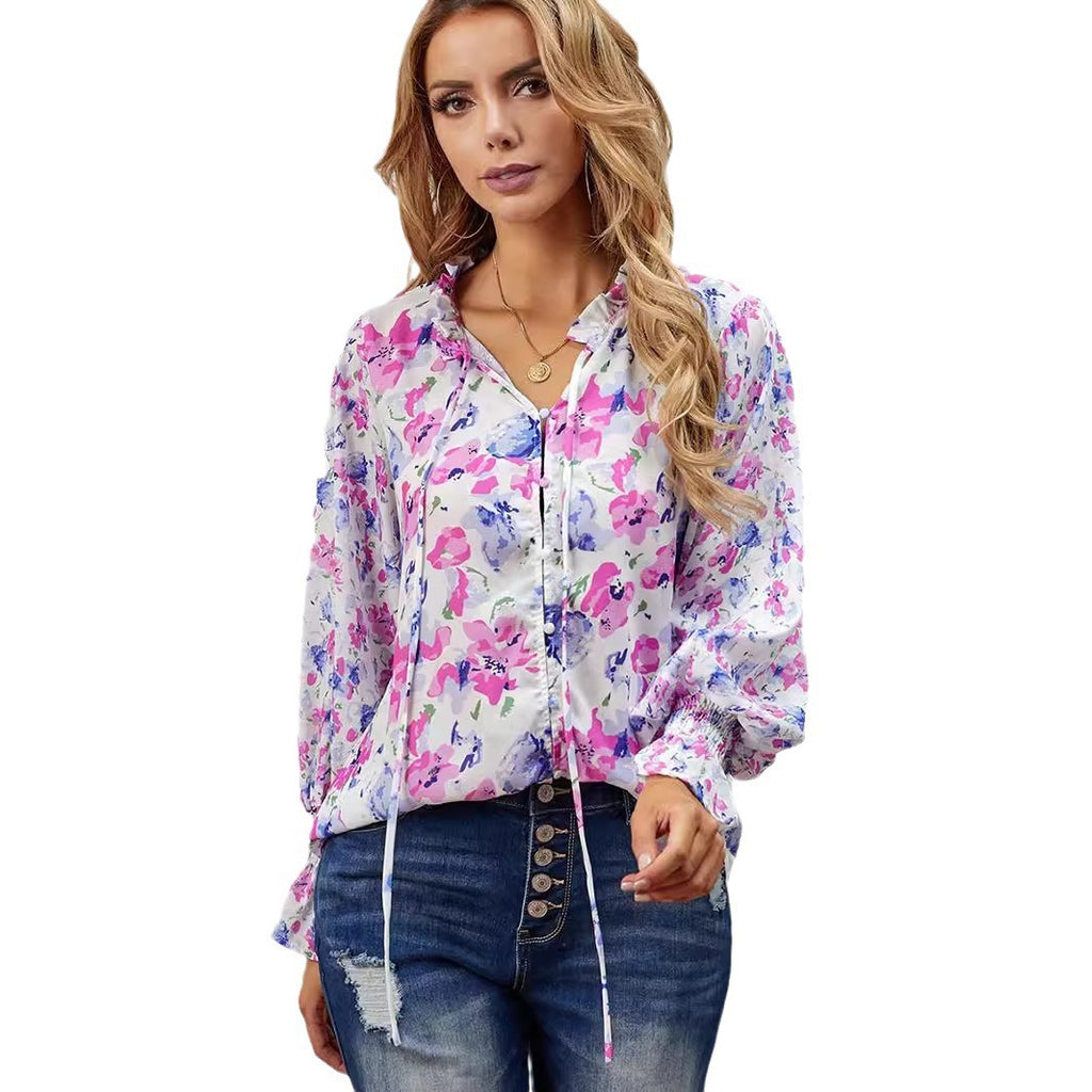Shiying Autumn Lightweight Floral Chiffon Blouse With Long Sleeves