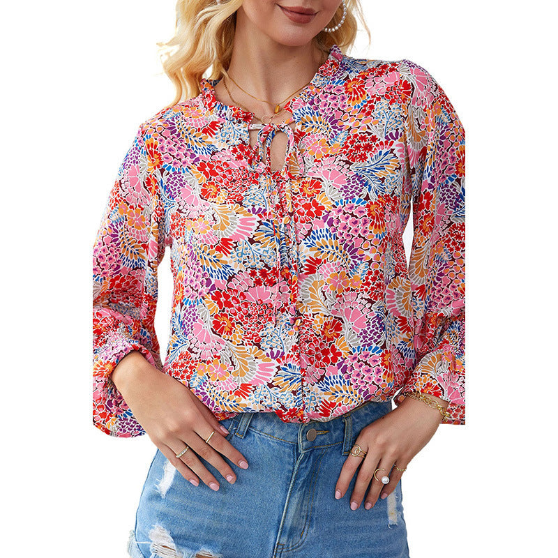 Shiying Autumn Lightweight Floral Chiffon Blouse With Long Sleeves