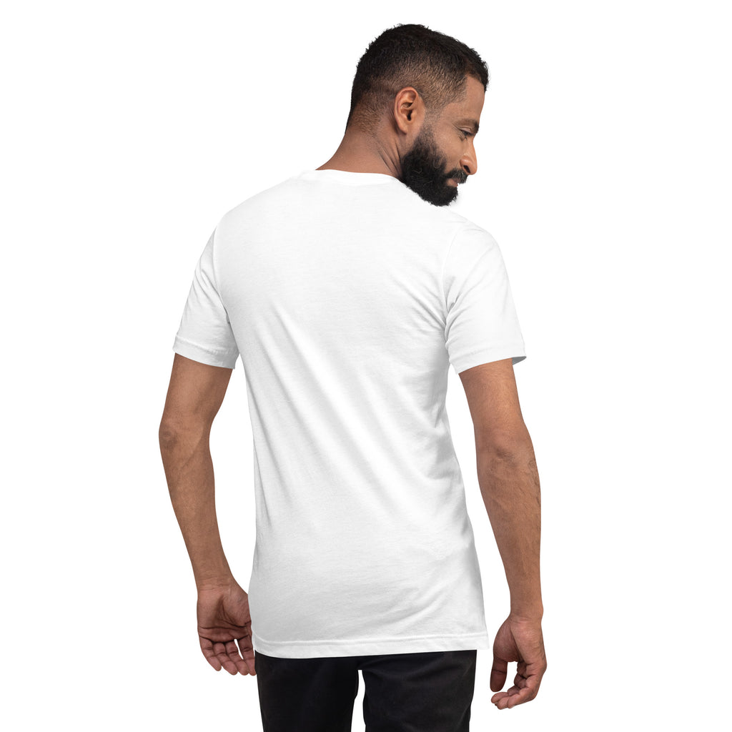 Unisex T shirt shown on a model from the back, perfect for comfort and casual style in everyday wear.