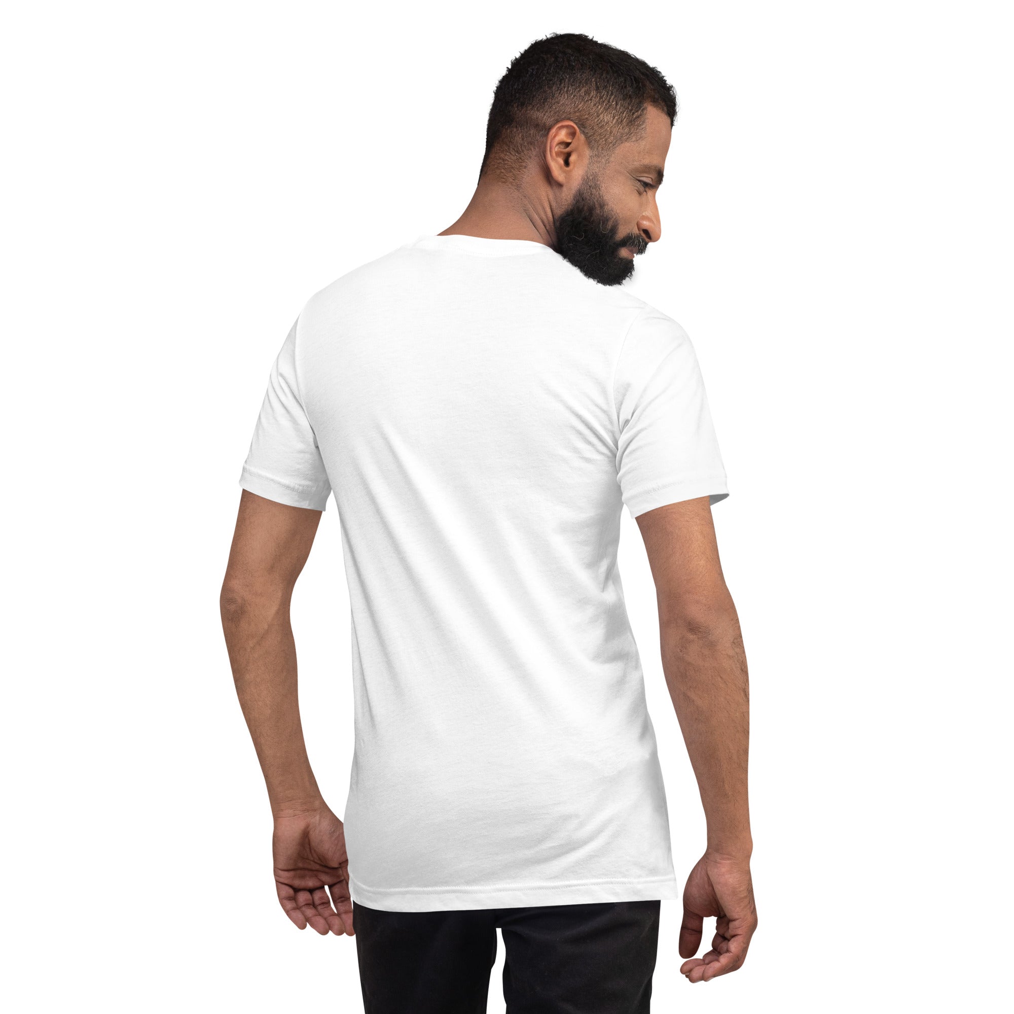 Unisex T shirt shown on a model from the back, perfect for comfort and casual style in everyday wear.