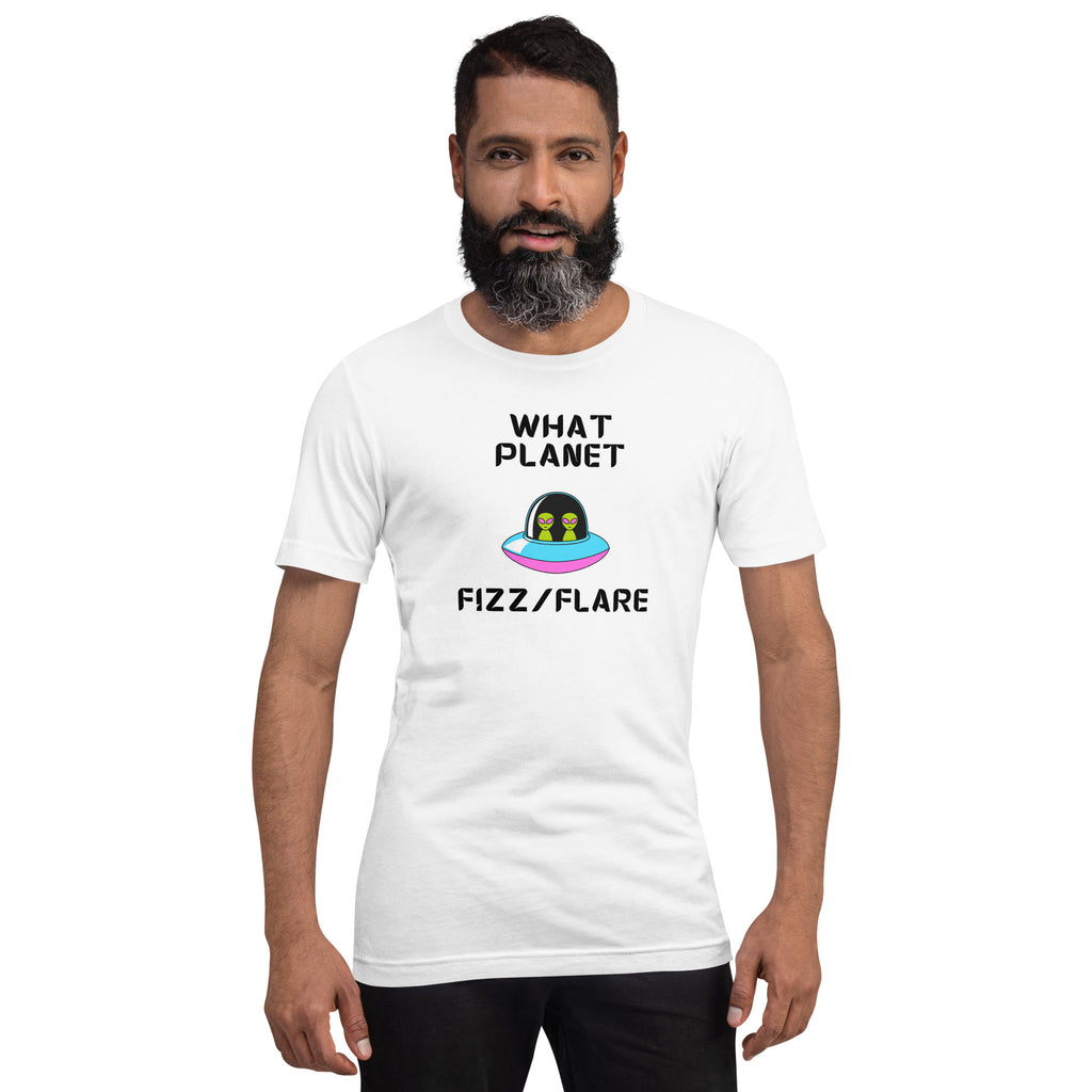 Unisex T shirt featuring quirky design with aliens and spaceship, perfect for casual outings.