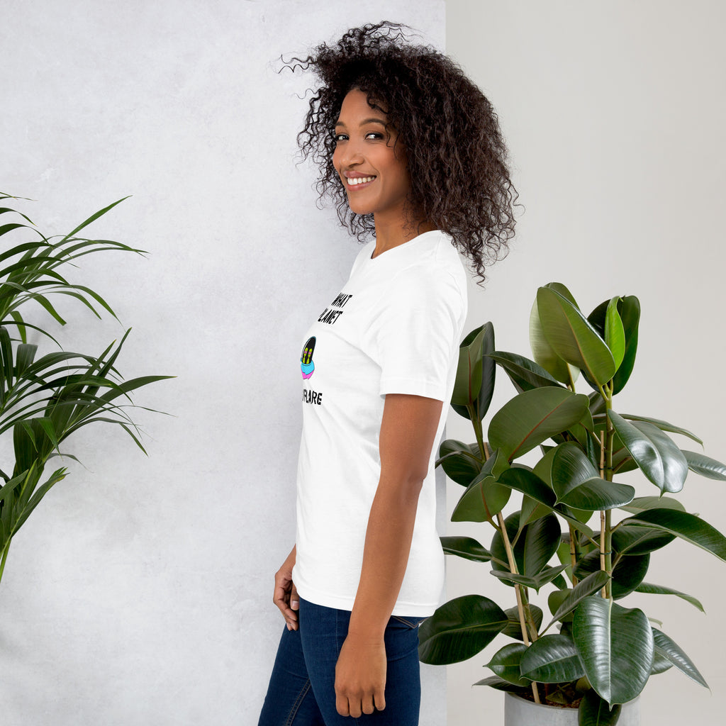 Unisex T shirt displayed by a smiling woman, showcasing its soft cotton fabric and casual style suitable for daily wear.