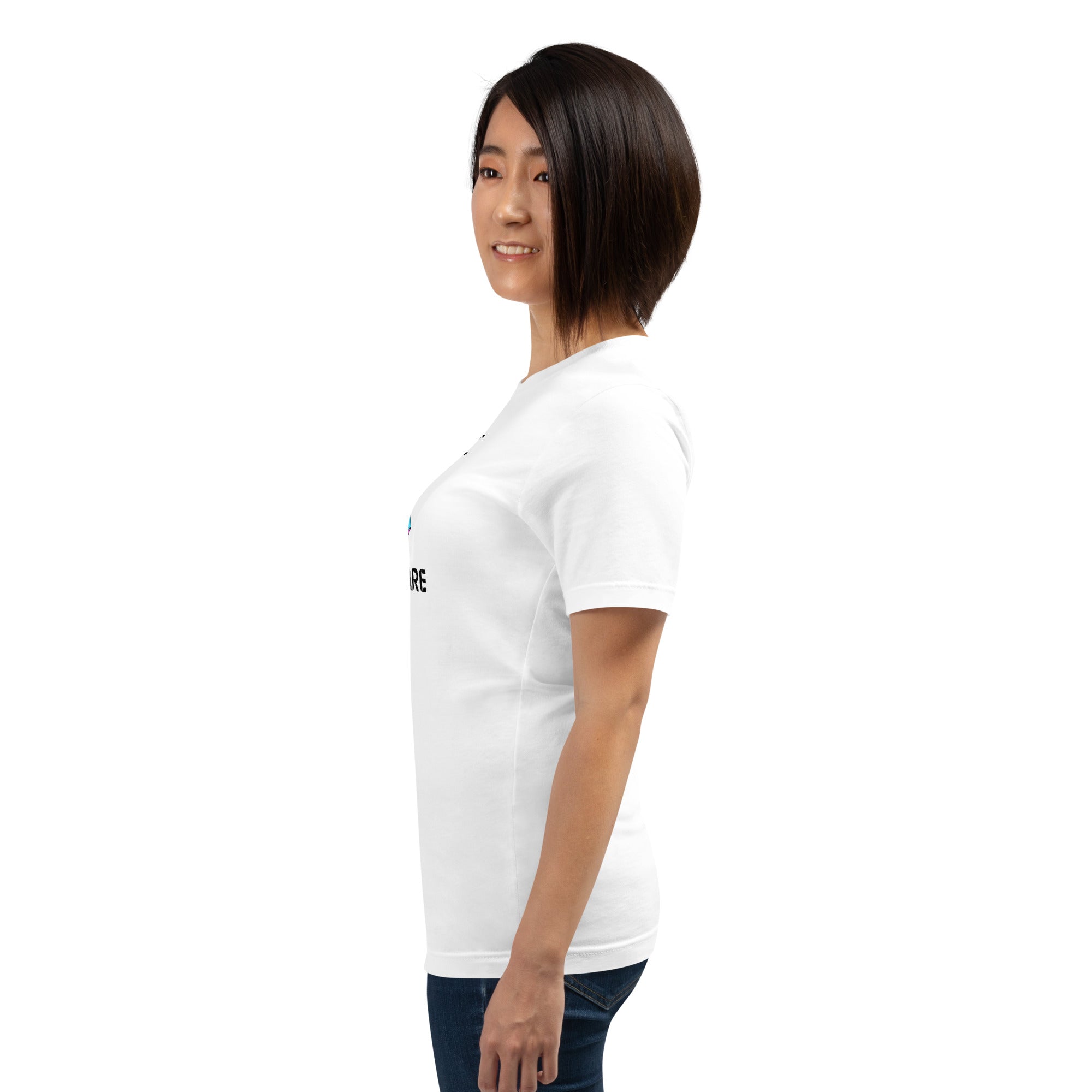 Unisex T shirt displayed on a side view model, showcasing its comfortable fit and casual style.