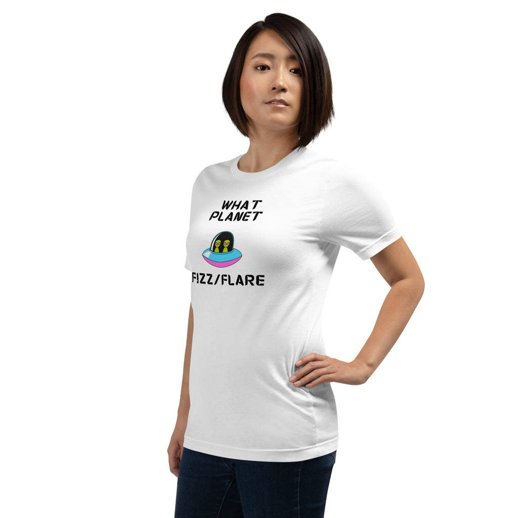 Unisex T shirt featuring a playful design with the phrase 'What Planet' for casual, everyday wear.