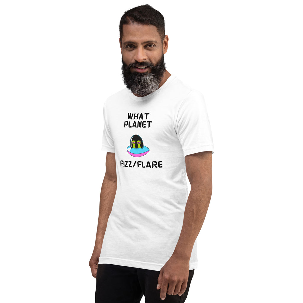 Unisex T shirt featuring fun design with text 'What Planet Fizz/Flare' for casual wear.